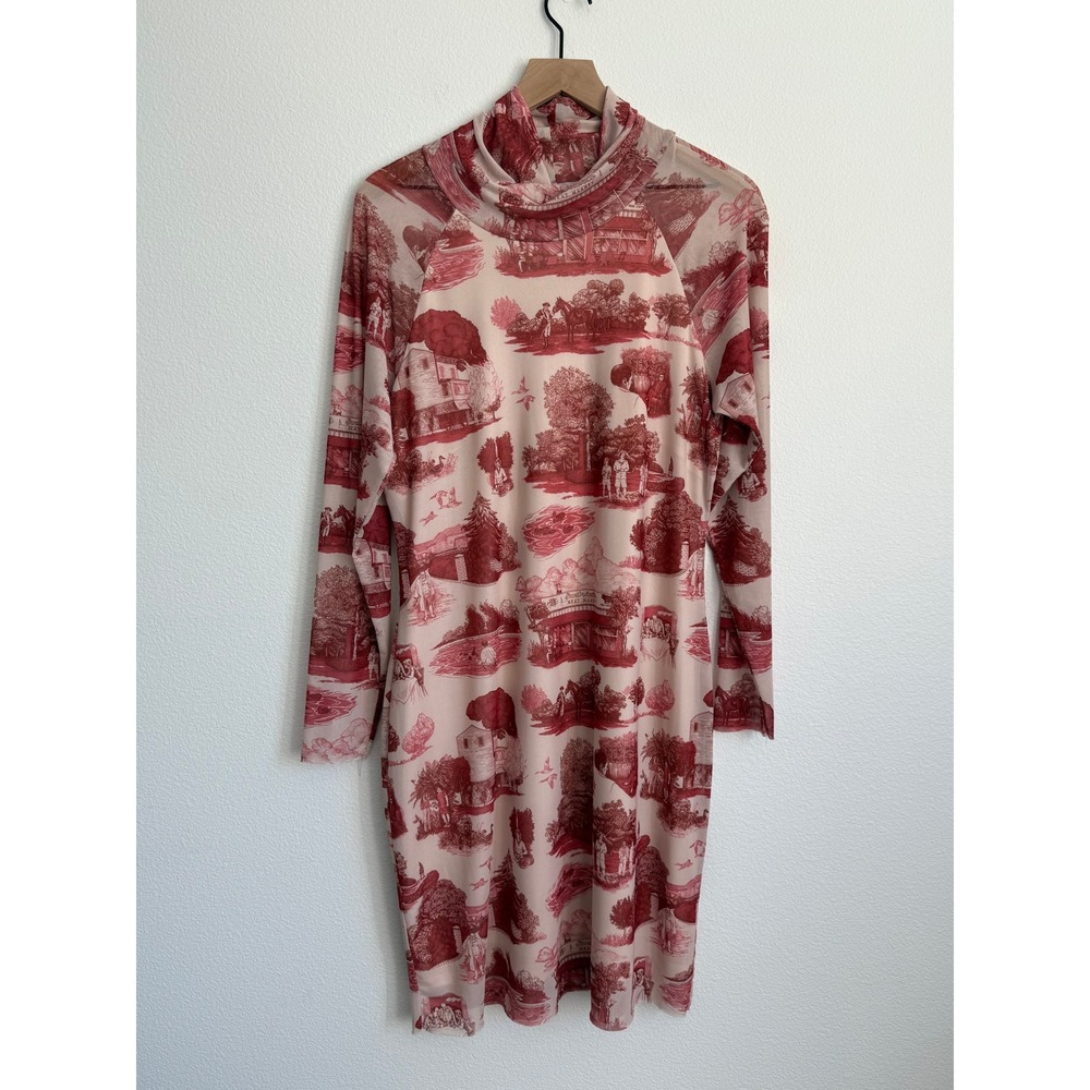 Rachel Antonoff Toile Mesh Dress 1X Red Cream Chic Scenic Turtleneck Long Sleeve